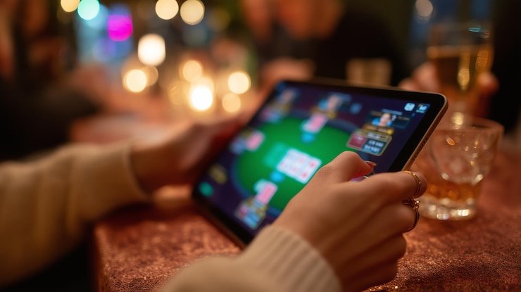Seorang pengguna memantau taruhan olahraga melalui perangkat smartphone dengan antarmuka modern